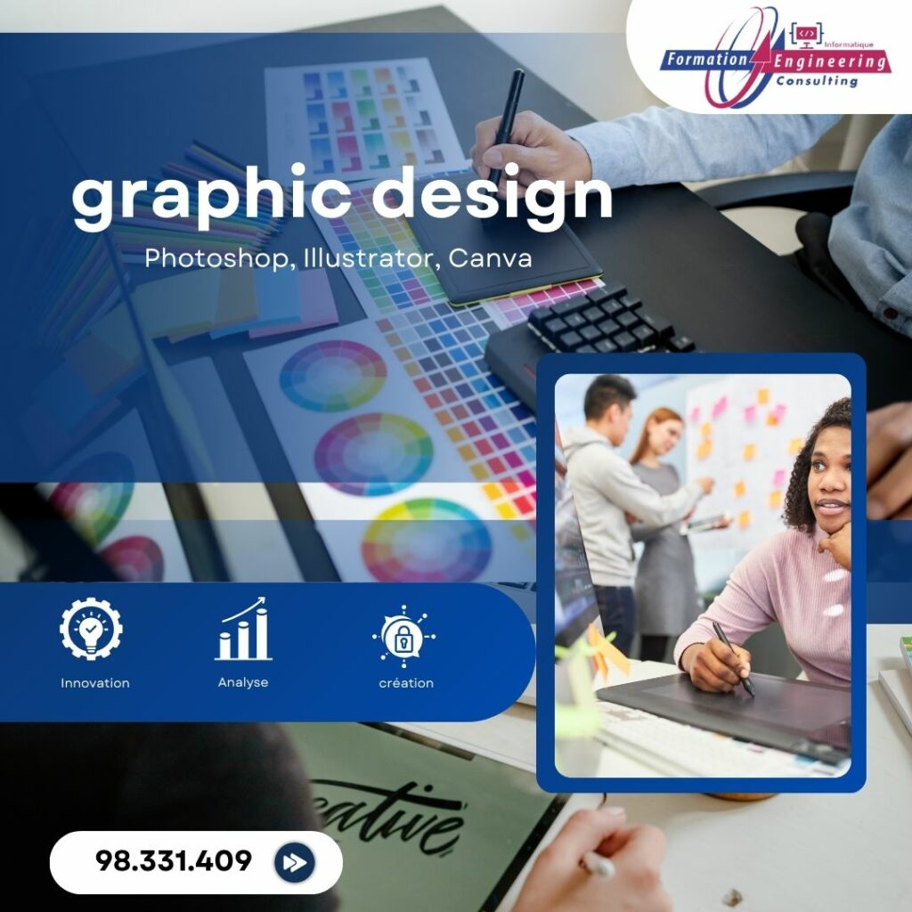 Apprenants en formation infographie utilisant des logiciels de création graphique.