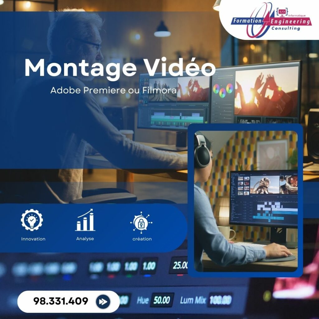 Apprenants en formation montage vidéo utilisant des logiciels comme Adobe Premiere ou Filmora.
