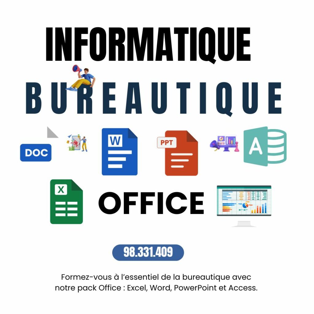 Formation bureautique complète sur les logiciels Microsoft Office.