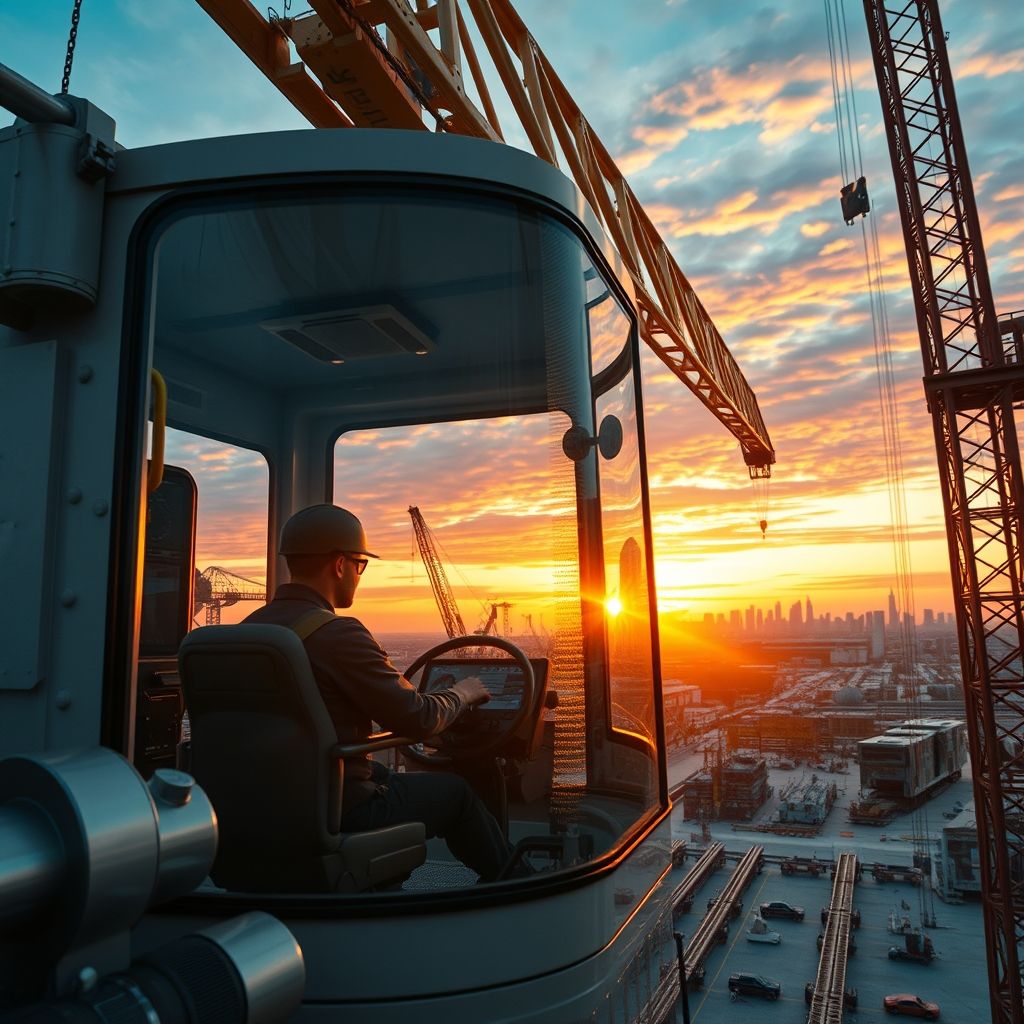 Opérateur sur grue à tour dans un chantier en hauteur.