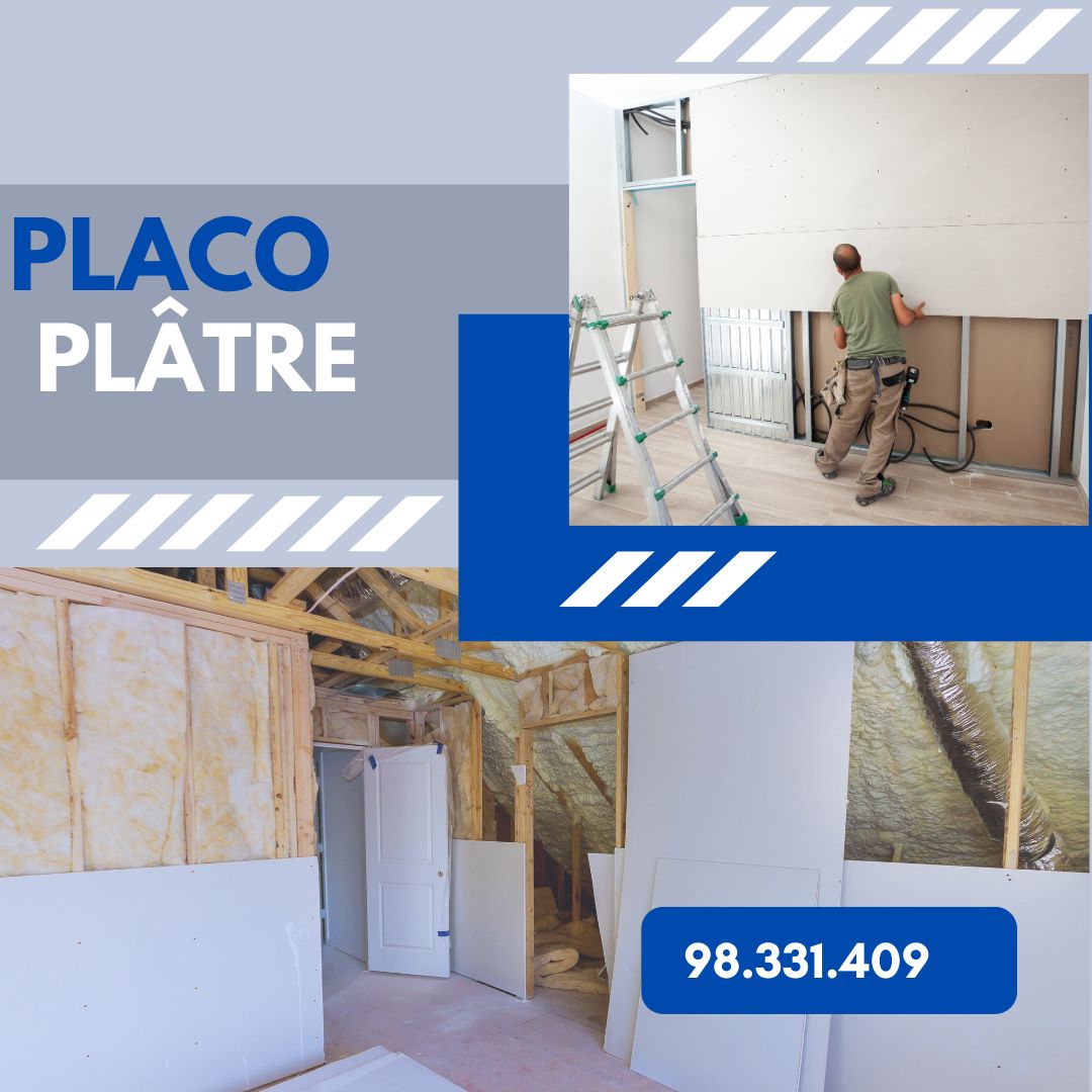 Pose de plaques de plâtre sur un mur intérieur.