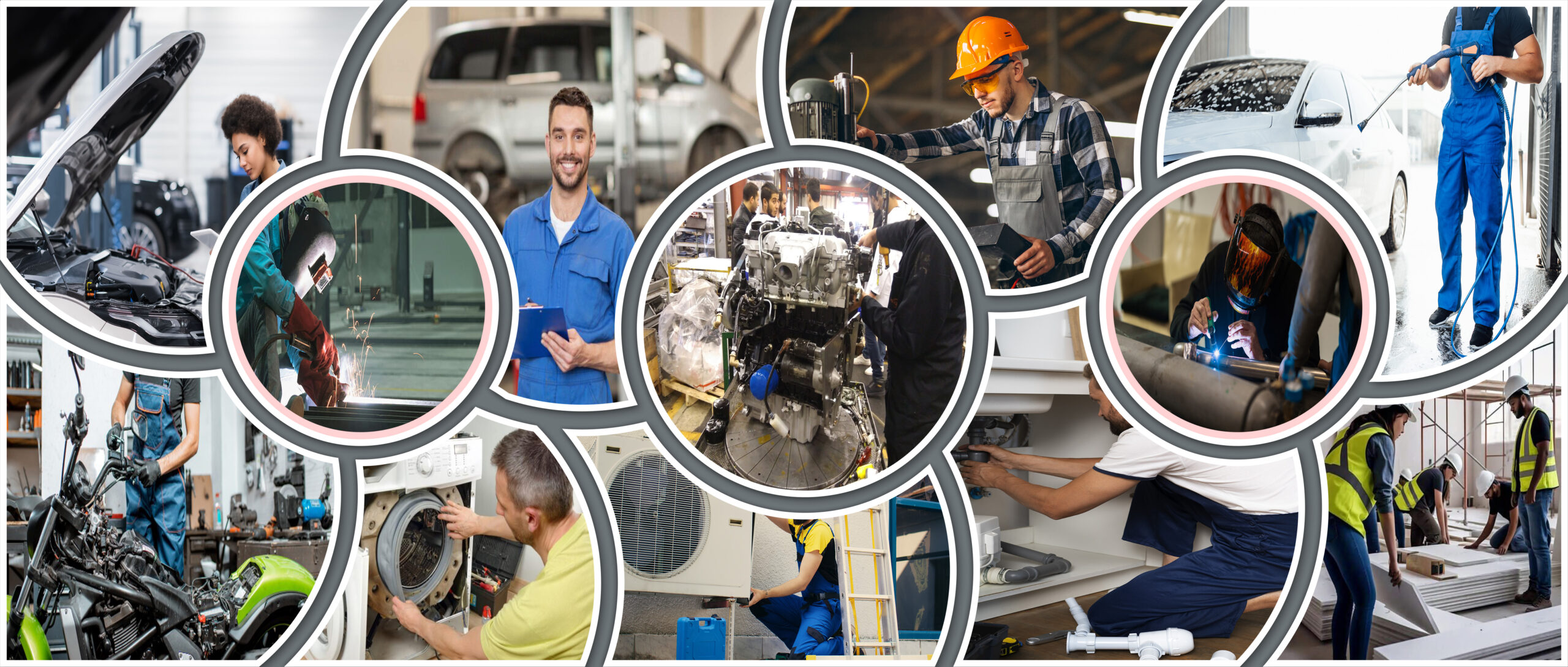 Formations Métiers – Apprenez un métier, construisez votre avenir Personnes en formation professionnelle exerçant différents métiers manuels (électricien, soudeur, mécanicien...).